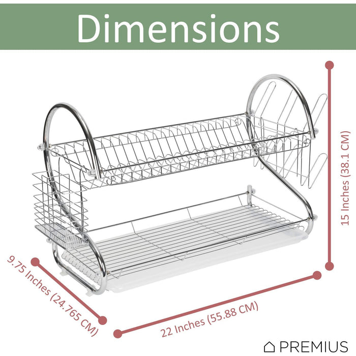 Shopbobbys Premius 2-Tier S-Shape Dish Rack With Drainage Tray And Cutlery Holder, Chrome, 22X9.75X15 Inches