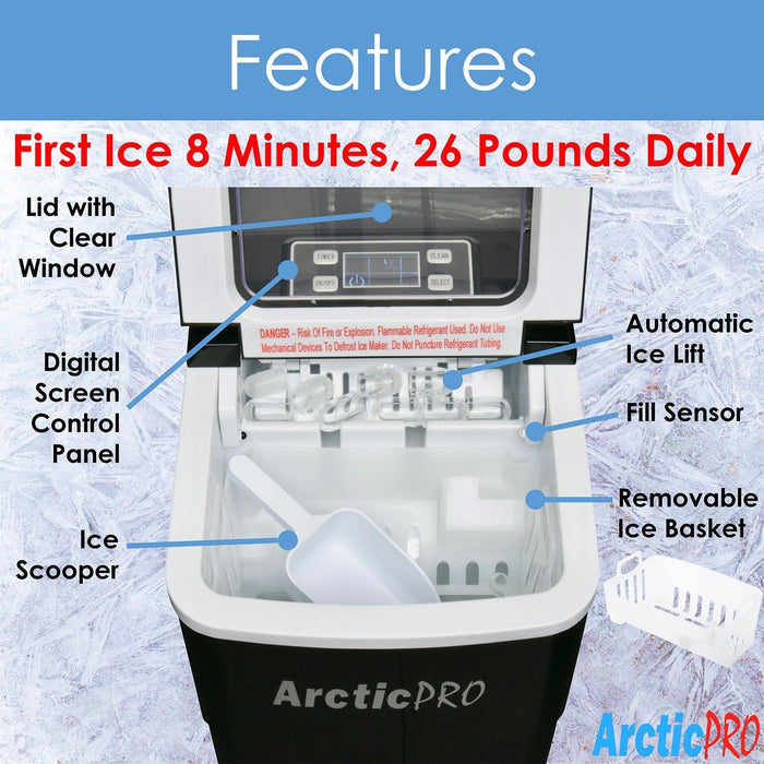 Shopbobbys Arctic-Pro Portable Digital Quick Ice Maker Machine, Black, Makes 2 Ice Sizes