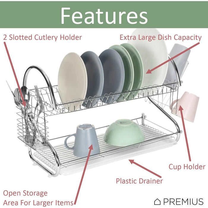 Shopbobbys Premius 2-Tier S-Shape Dish Rack With Drainage Tray And Cutlery Holder, Chrome, 22X9.75X15 Inches