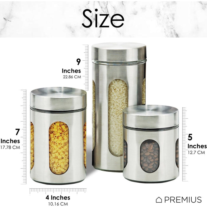 Shopbobbys Premius Airtight 3-Piece Kitchen Glass Canister Set, Stainless Steel Silver