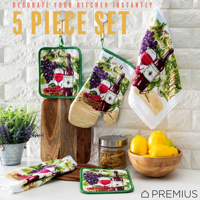 Shopbobbys Premius 5 Piece Printed Kitchen Linen Set, 2 Cotton Towels, 2 Pot Holders, 1 Oven Mitt