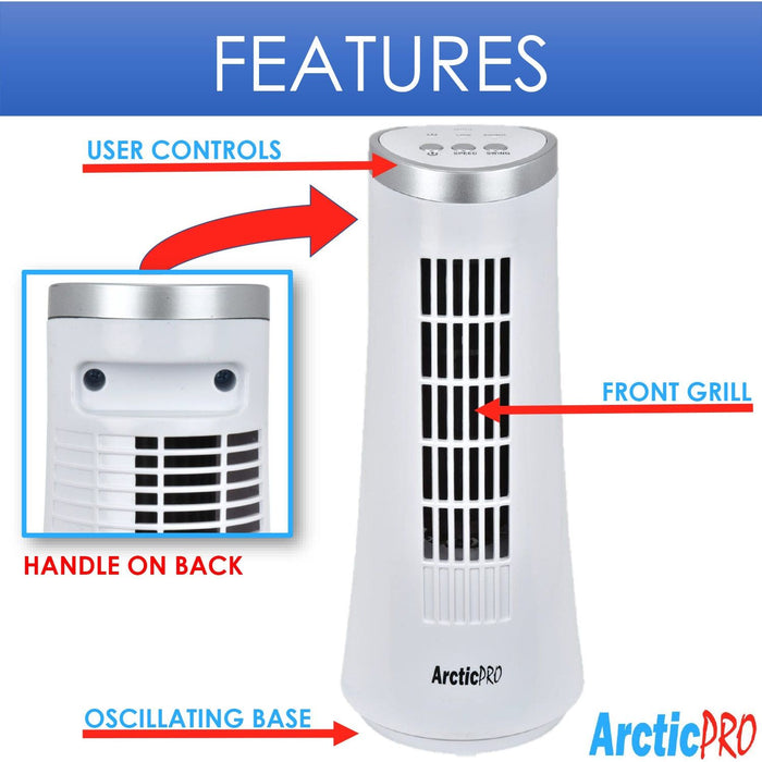 Shopbobbys Arctic-Pro Desktop Oscillating Slim Mini Tower Fan, White, 12 Inches