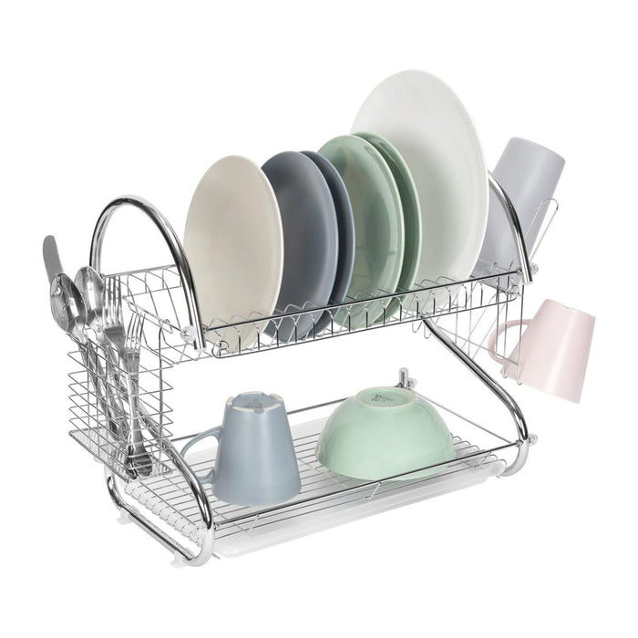 Shopbobbys Premius 2-Tier Chrome Finish S-Shape Dish Rack With Removable Drainage Tray And Cutlery Holder, 16X9.75X15 Inches