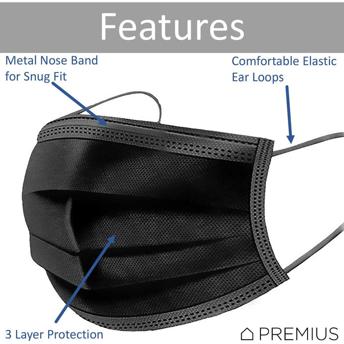 Shopbobbys Premius Protective Disposable Face Mask, Elastic Band, Black, Metal Nose Wire, 50-Pack