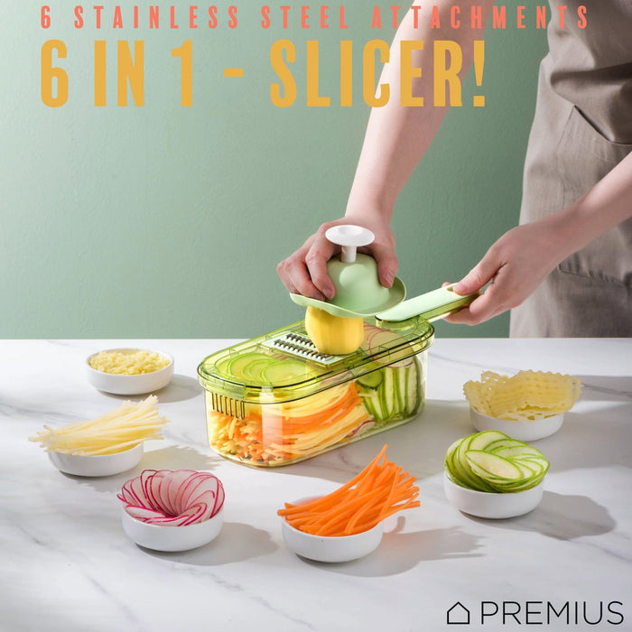 Shopbobbys Premius 6-In-1 Mandoline Slicer With Storage Bin And Handle, Green-Clear, 1.5 Quarts