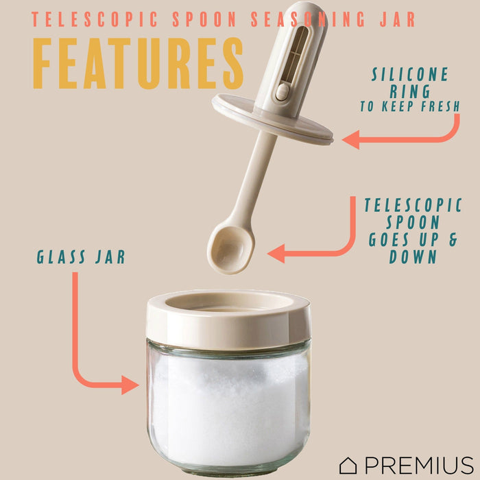 Shopbobbys Premius Telescopic Spoon Spice Seasoning Glass Container Jar, White, 10.15 Ounces, 3X3X5 Inches