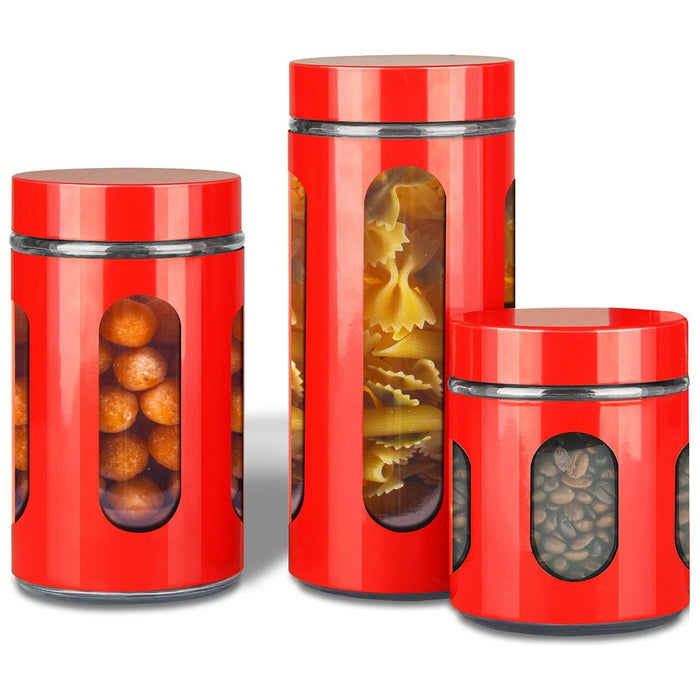 Shopbobbys Premius Airtight 3-Piece Kitchen Glass Canister Set, Red