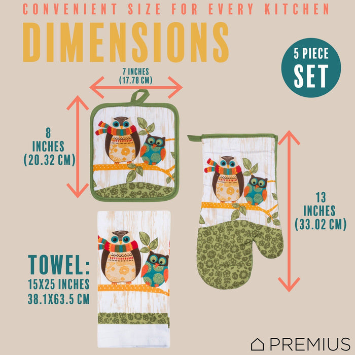 Shopbobbys Premius 5 Piece Printed Kitchen Linen Set, 2 Cotton Towels, 2 Pot Holders, 1 Oven Mitt