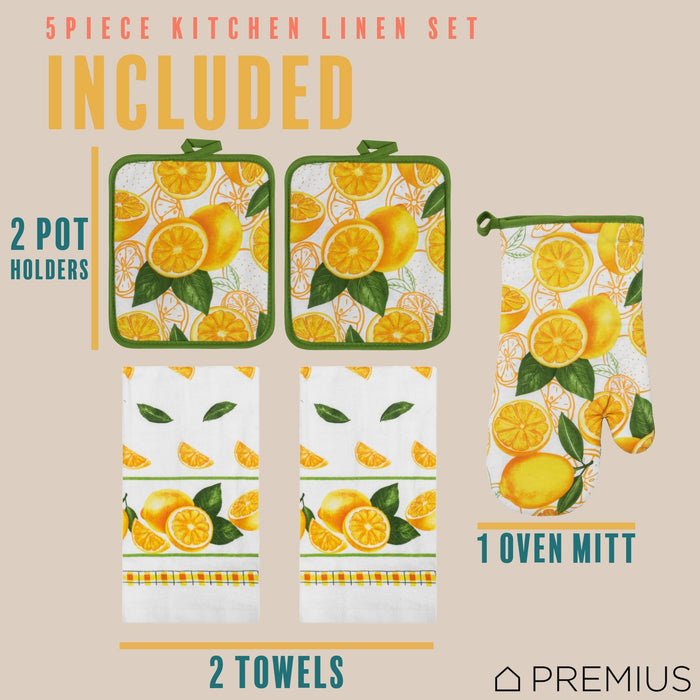 Shopbobbys Premius 5 Piece Printed Kitchen Linen Set, 2 Cotton Towels, 2 Pot Holders, 1 Oven Mitt