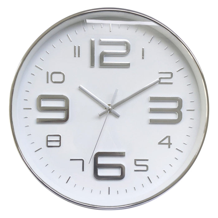 Shopbobbys Premius Raised Numbers And Minimalist Clean Lines Round Wall Clock, Silver, 12 Inches