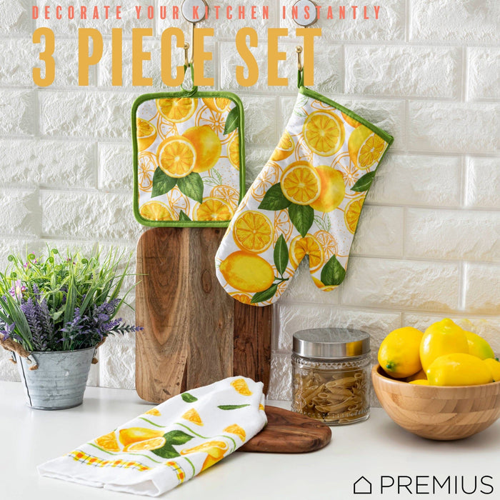 Shopbobbys Premius 3 Piece Printed Kitchen Linen Set, 1 Cotton Towel, 1 Pot Holder, 1 Oven Mitt