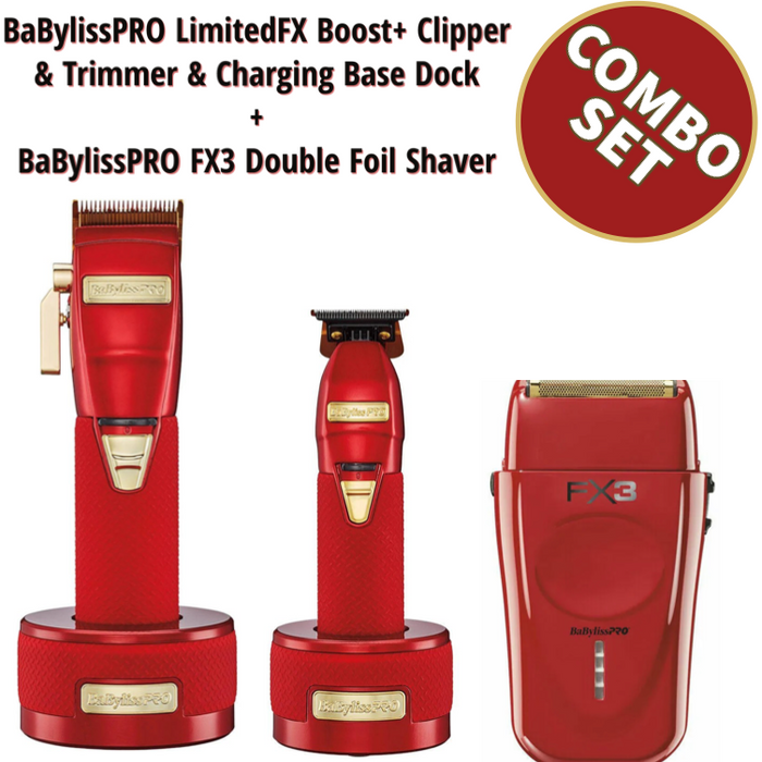 Babylisspro Limitedfx Boost+ Clipper & Trimmer & Charging Base Dock & Cordless Foilfx Shaver Fxx3S Red & Metal Double Foil Shaver Combo Set