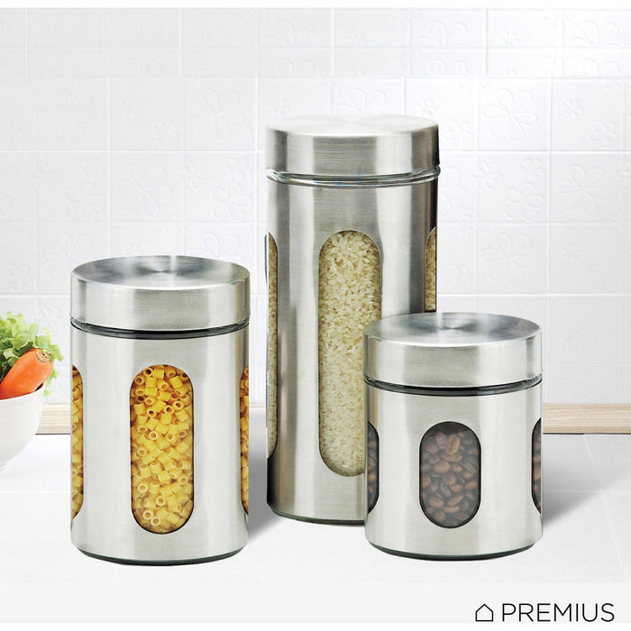 Shopbobbys Premius Airtight 3-Piece Kitchen Glass Canister Set, Stainless Steel Silver