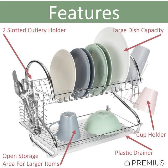 Shopbobbys Premius 2-Tier Chrome Finish S-Shape Dish Rack With Removable Drainage Tray And Cutlery Holder, 16X9.75X15 Inches