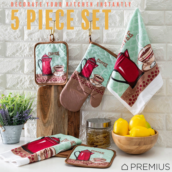 Shopbobbys Premius 5 Piece Printed Kitchen Linen Set, 2 Cotton Towels, 2 Pot Holders, 1 Oven Mitt