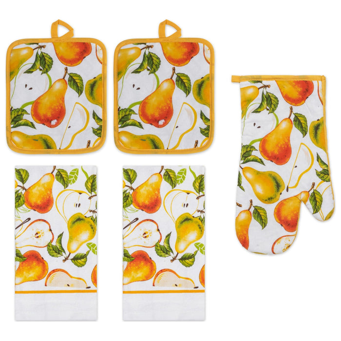 Shopbobbys Premius 5 Piece Printed Kitchen Linen Set, 2 Cotton Towels, 2 Pot Holders, 1 Oven Mitt