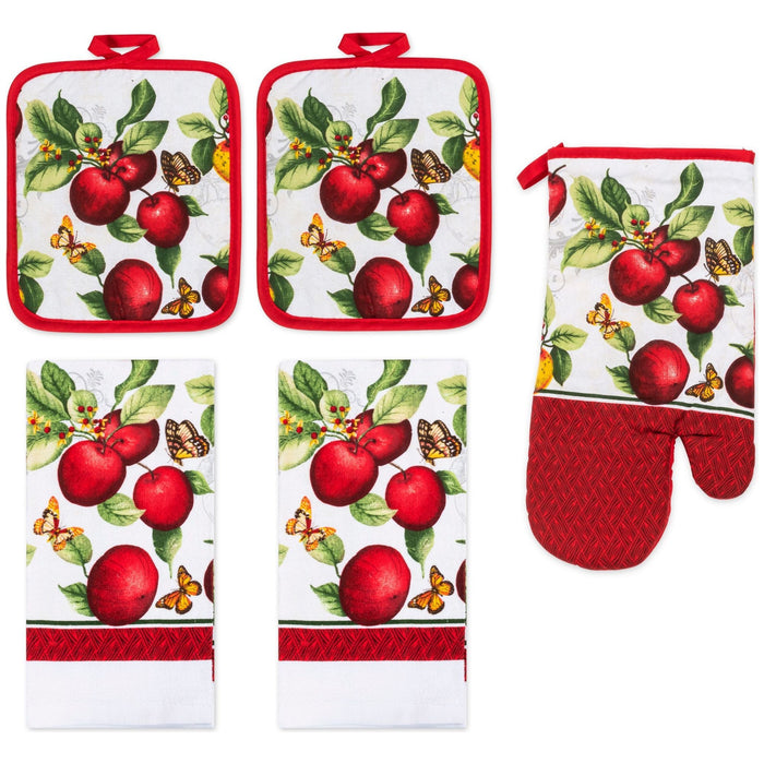 Shopbobbys Premius 5 Piece Printed Kitchen Linen Set, 2 Cotton Towels, 2 Pot Holders, 1 Oven Mitt