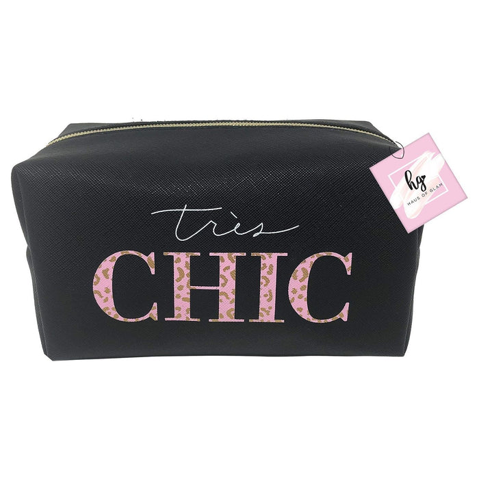 Shopbobbys Premius Cosmetic Bag With Gold Metal Zipper, Black Tres Chic, 9X4X4 Inches