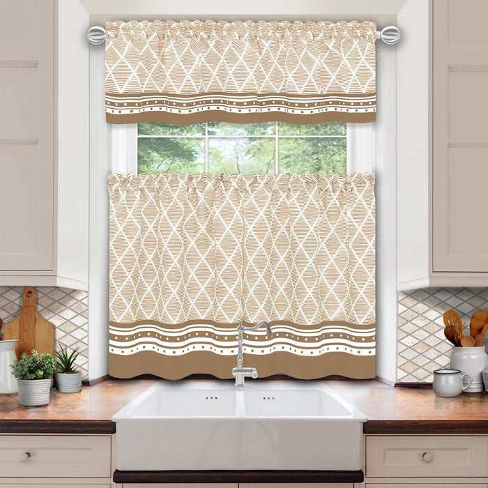 Achim Boho Printed Kitchen Curtain Set, Mocha, Valance 58x13, Tiers 58x36 Inches