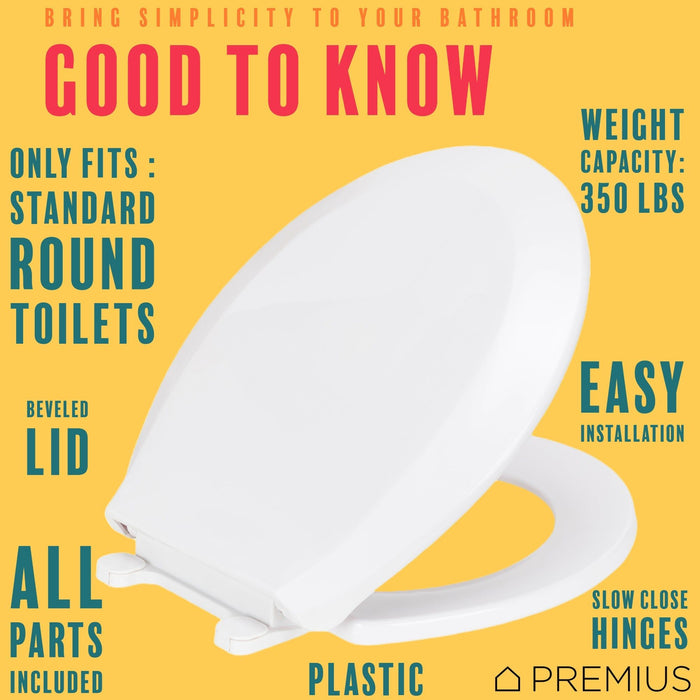 Shopbobbys Premius Slow Close Beveled Plastic Toilet Seat, Standard Round, 17 Inches