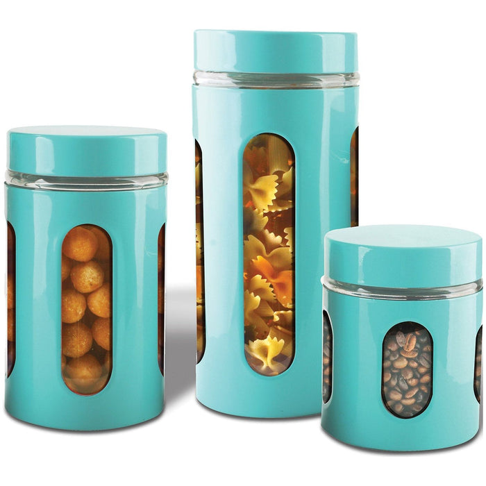 Shopbobbys Premius Airtight 3-Piece Kitchen Glass Canister Set, Turquoise Blue