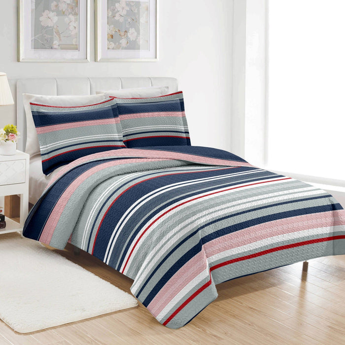 Shopbobbys Premius Mateo 3 Piece Microfiber Wrinkle-Free Quilt Set, Blue-Multi-Striped