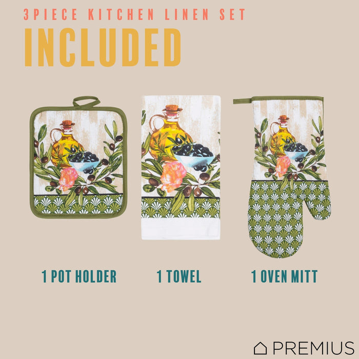 Shopbobbys Premius 3 Piece Printed Kitchen Linen Set, 1 Cotton Towel, 1 Pot Holder, 1 Oven Mitt