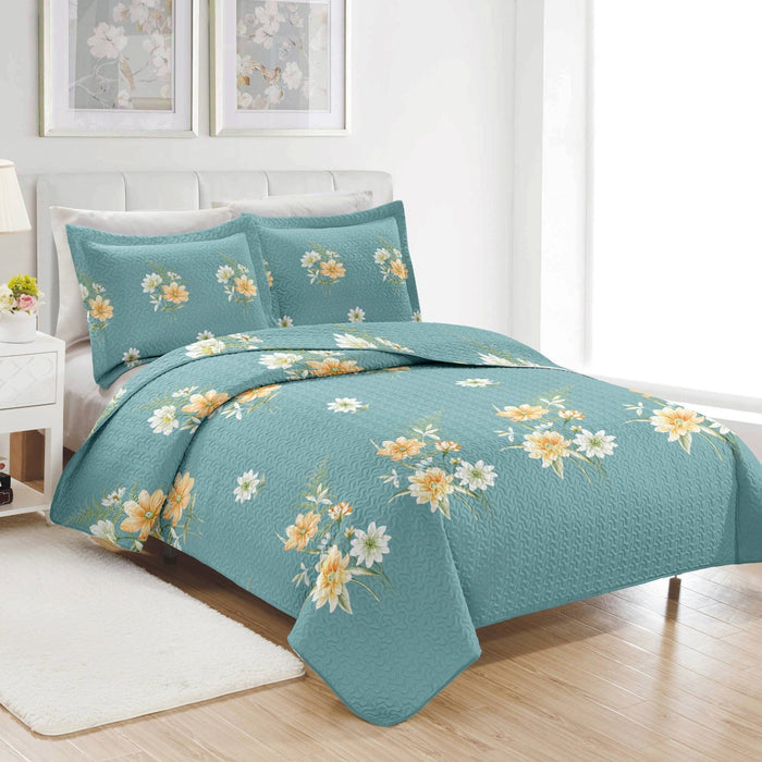 Shopbobbys Premius Lucea 3 Piece Microfiber Wrinkle-Free Quilt Set, Soft Blue