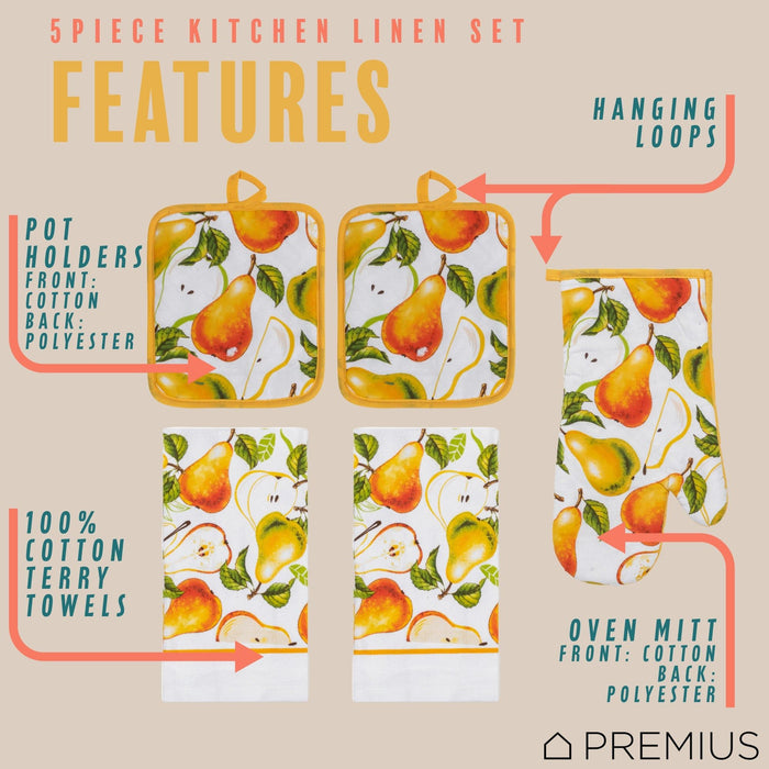 Shopbobbys Premius 5 Piece Printed Kitchen Linen Set, 2 Cotton Towels, 2 Pot Holders, 1 Oven Mitt