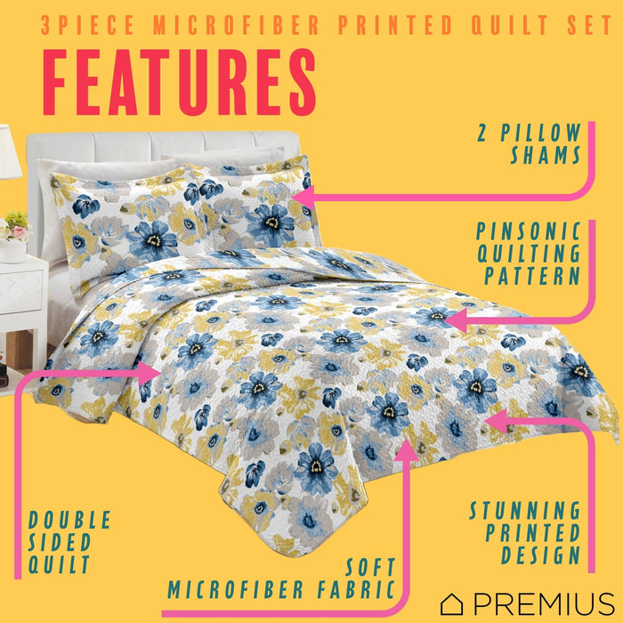 Shopbobbys Premius Eliana 3 Piece Microfiber Wrinkle-Free Quilt Set, Blue-Yellow