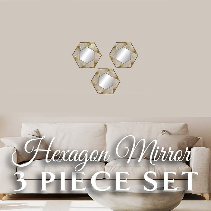 Shopbobbys Premius 3 Piece Plastic Mesh Hexagon Wall Decor Mirror Set, Gold, 10 Inches