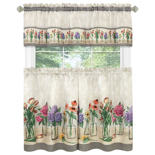 Achim Garden Bloom Printed Kitchen Curtain Set, Multi, Valance 58x13, Tiers 58x36 Inches