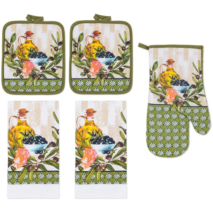 Shopbobbys Premius 5 Piece Printed Kitchen Linen Set, 2 Cotton Towels, 2 Pot Holders, 1 Oven Mitt