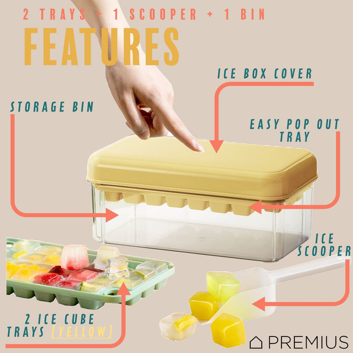 Shopbobbys Premius 2 Tray Ice Cube Tray With Container And Scoop, Yellow-Clear