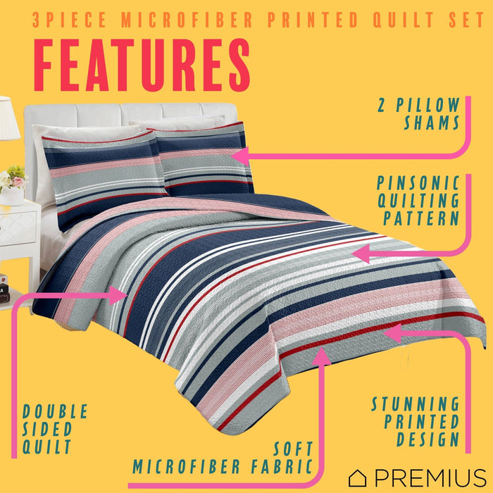 Shopbobbys Premius Mateo 3 Piece Microfiber Wrinkle-Free Quilt Set, Blue-Multi-Striped