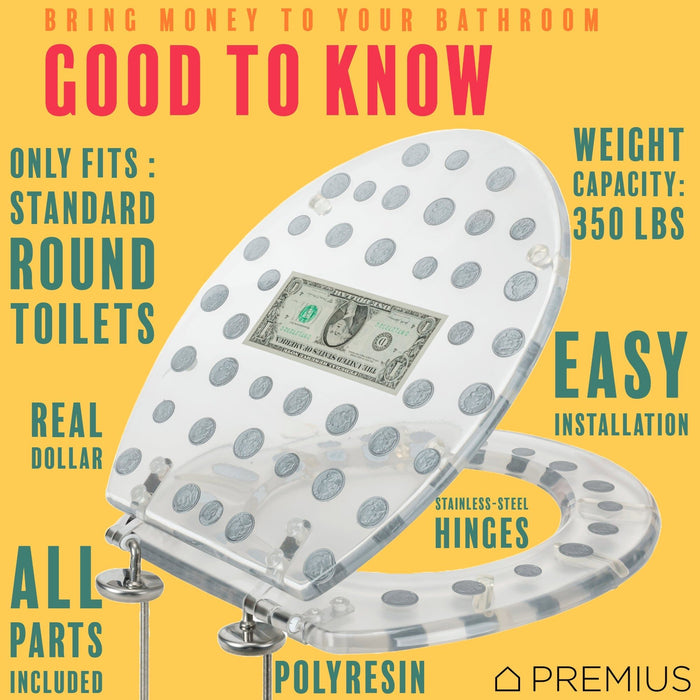 Shopbobbys Premius Polyresin Dollar Bill & Coins Money Toilet Seat, Clear, Standard Round, 17 Inches