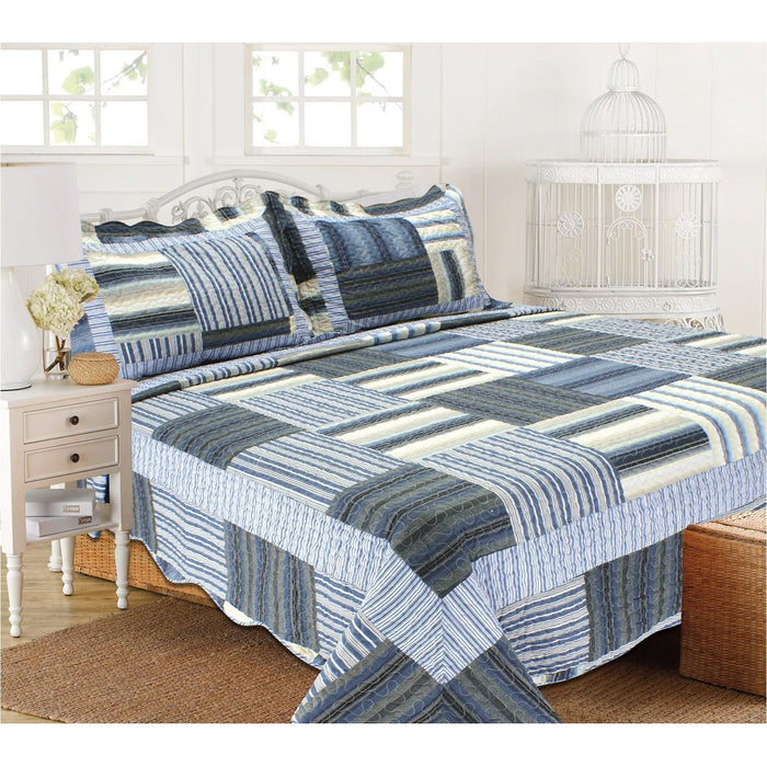 Shopbobbys Premius Reversible Quilt Set, Striped Patchwork, Blue