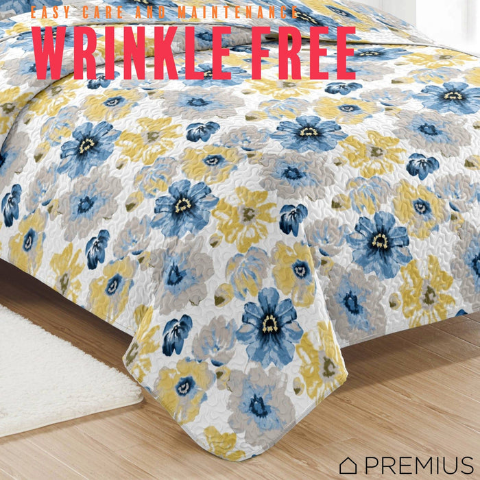 Shopbobbys Premius Eliana 3 Piece Microfiber Wrinkle-Free Quilt Set, Blue-Yellow