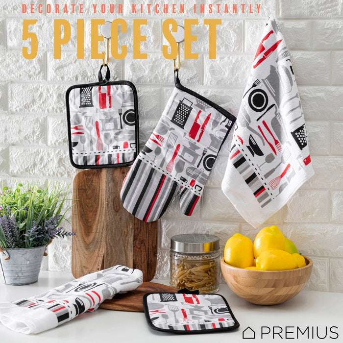 Shopbobbys Premius 5 Piece Printed Kitchen Linen Set, 2 Cotton Towels, 2 Pot Holders, 1 Oven Mitt