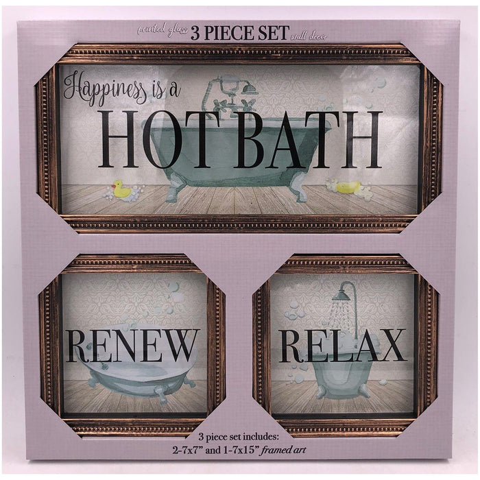 Shopbobbys Premius 3 Piece Hot Bath, Renew-Relax Bathroom Wall Art, 15X7, 7X7 Inches