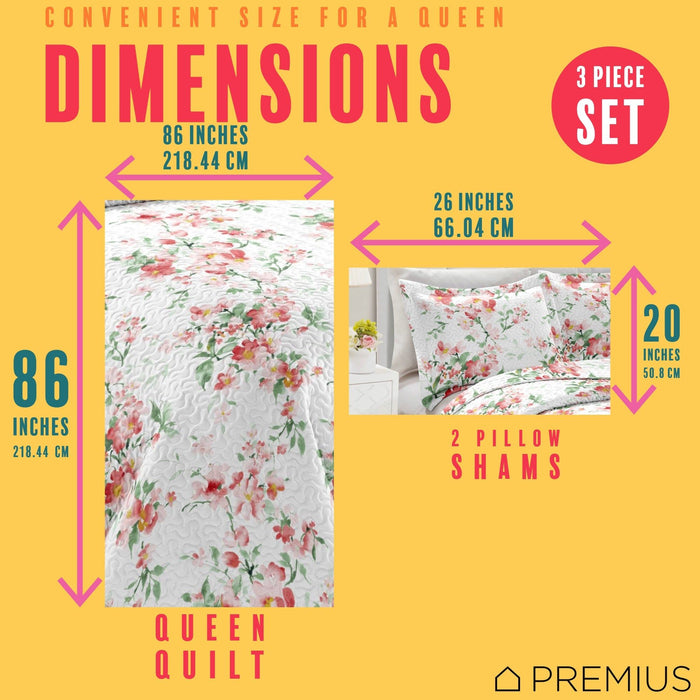 Shopbobbys Premius Jennifer 3 Piece Microfiber Wrinkle-Free Quilt Set, White-Red-Green