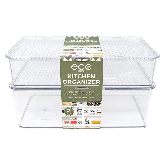 Shopbobbys Premius 2 Piece Plastic Kitchen Organizer Box With Hinged Lid, Clear, 10.75X6.5X2.4, 10.75X6.5X3.7 Inches