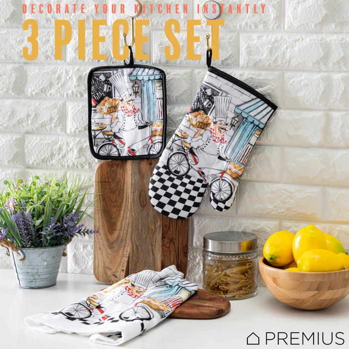 Shopbobbys Premius 3 Piece Printed Kitchen Linen Set, 1 Cotton Towel, 1 Pot Holder, 1 Oven Mitt