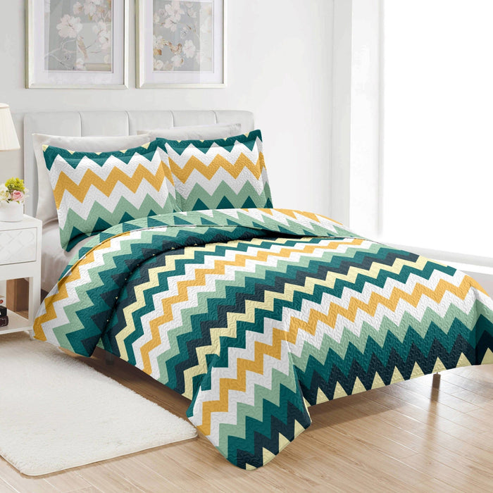 Shopbobbys Premius Montego 3 Piece Microfiber Wrinkle-Free Quilt Set, Green-Yellow