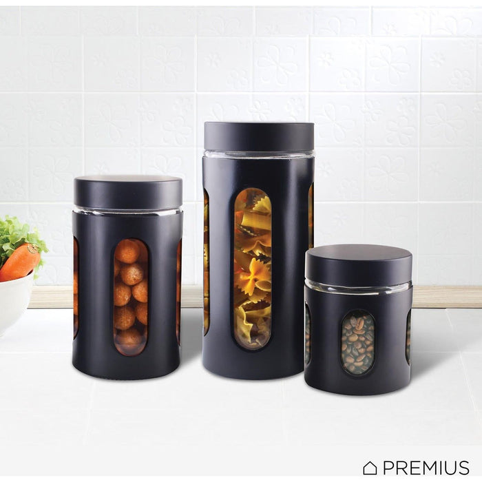 Shopbobbys Premius Airtight 3-Piece Kitchen Glass Canister Set, Matte Black