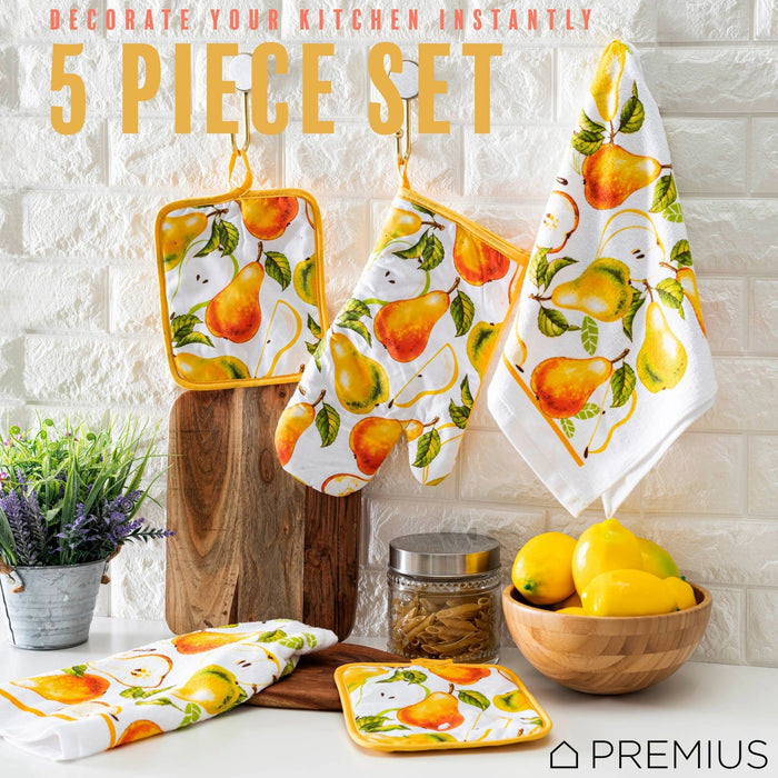 Shopbobbys Premius 5 Piece Printed Kitchen Linen Set, 2 Cotton Towels, 2 Pot Holders, 1 Oven Mitt