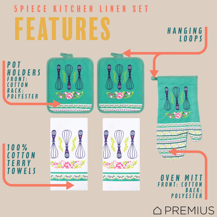 Shopbobbys Premius 5 Piece Printed Kitchen Linen Set, 2 Cotton Towels, 2 Pot Holders, 1 Oven Mitt