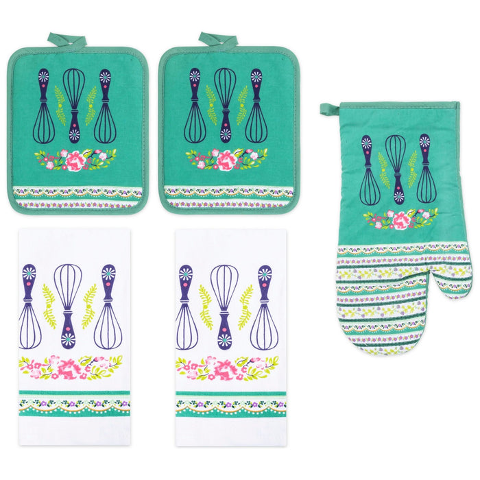 Shopbobbys Premius 5 Piece Printed Kitchen Linen Set, 2 Cotton Towels, 2 Pot Holders, 1 Oven Mitt