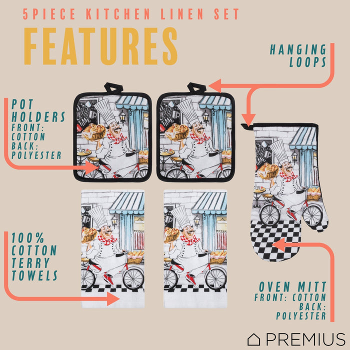 Shopbobbys Premius 5 Piece Printed Kitchen Linen Set, 2 Cotton Towels, 2 Pot Holders, 1 Oven Mitt