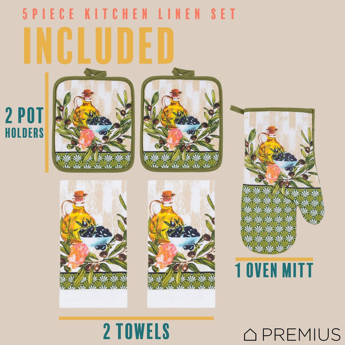 Shopbobbys Premius 5 Piece Printed Kitchen Linen Set, 2 Cotton Towels, 2 Pot Holders, 1 Oven Mitt